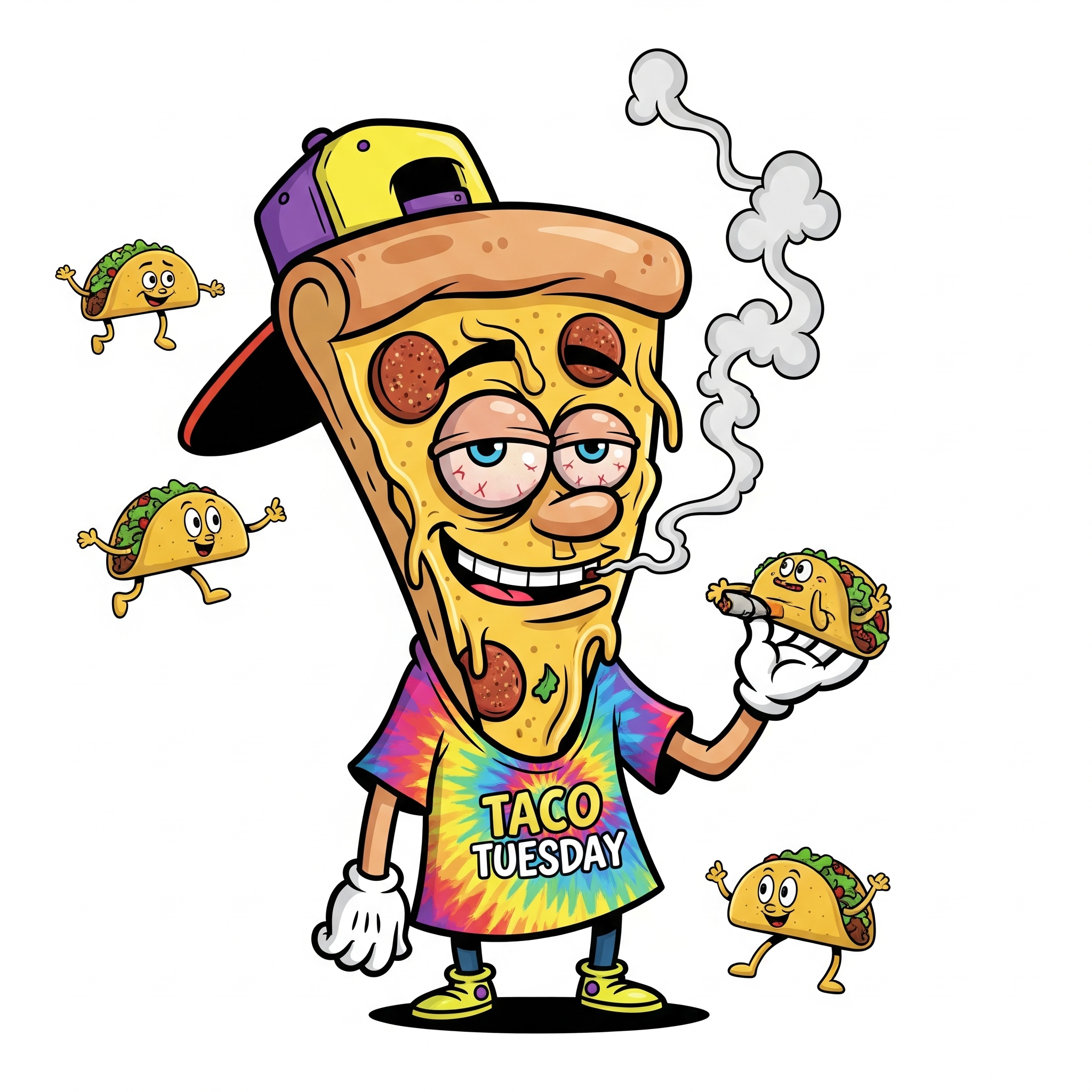 Pizza Character with Joint and Tacos